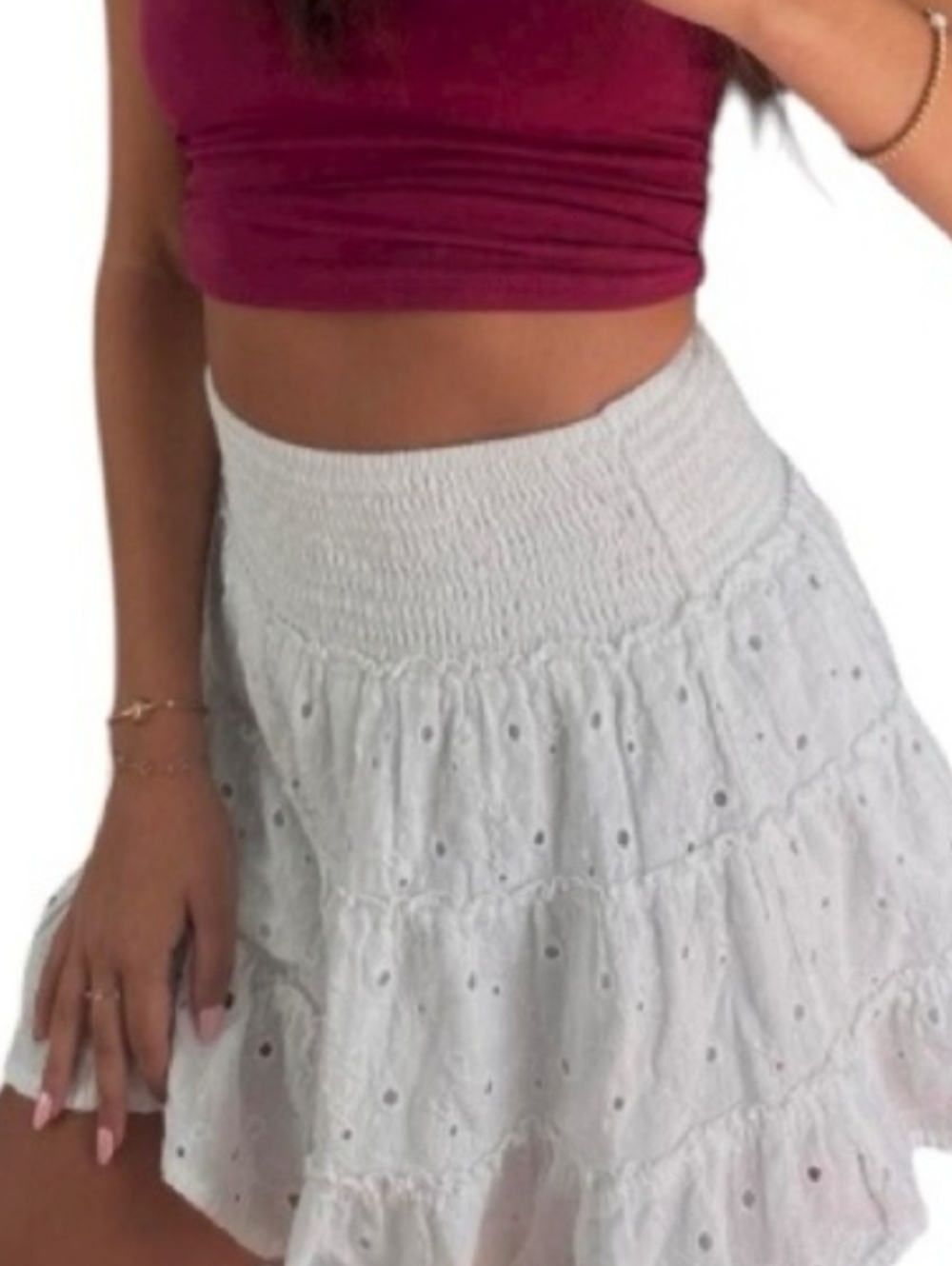 American Eagle White Eyelet Tiered Smocked Waist Skirt Small Clean Girl